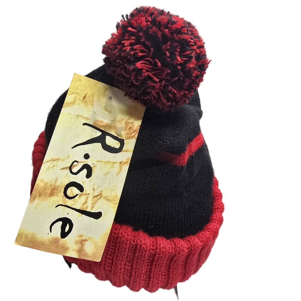 R.Sole NWT Black and Red Striped Beanie with Pom